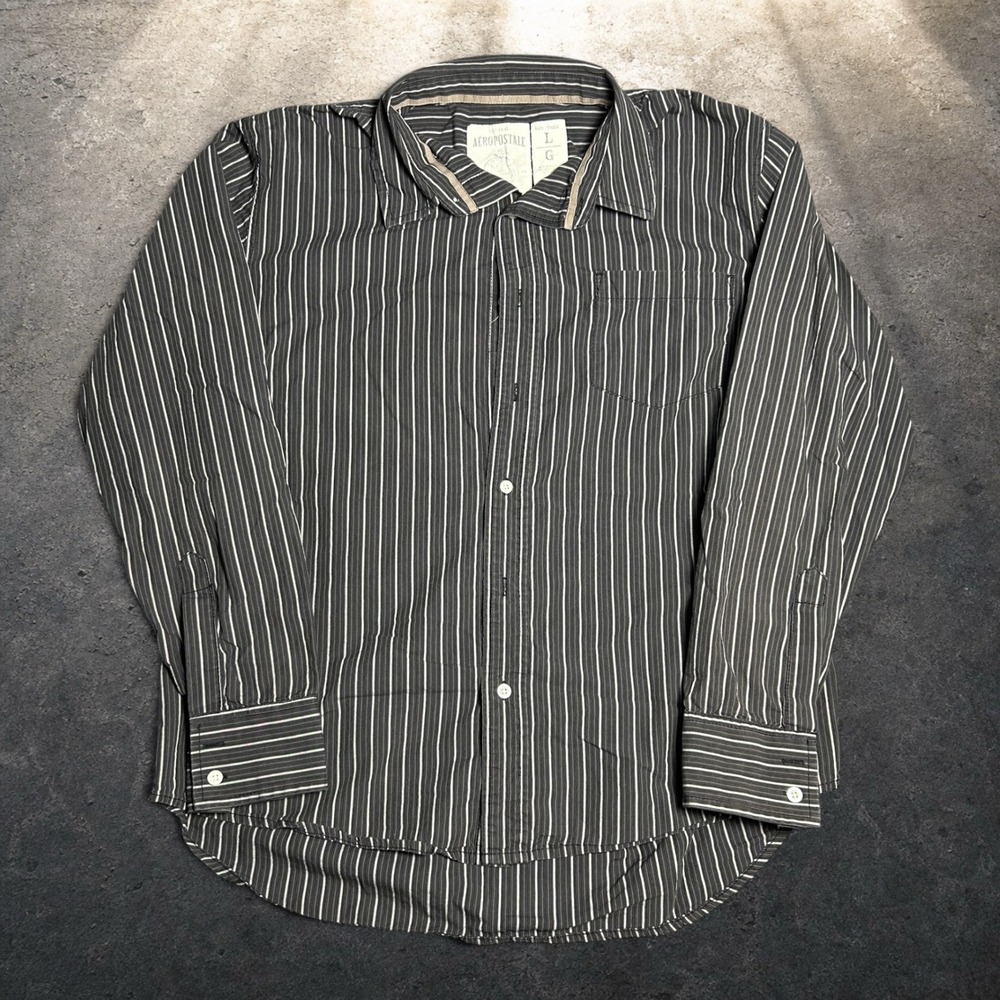Aeropostale Grey White Striped Long Sleeve Button Down Shirt Skater Size Large